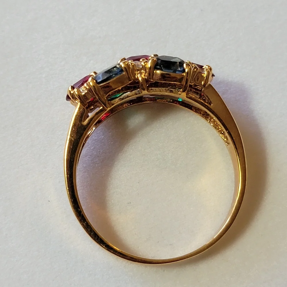 Multi-gem Gold Tone Cocktail Ring Faux Emerald Sapphire Ruby and Diamond Vintage